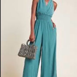 Anthropologie Bionda Plisse Teal Sleeveless Jumpsuit